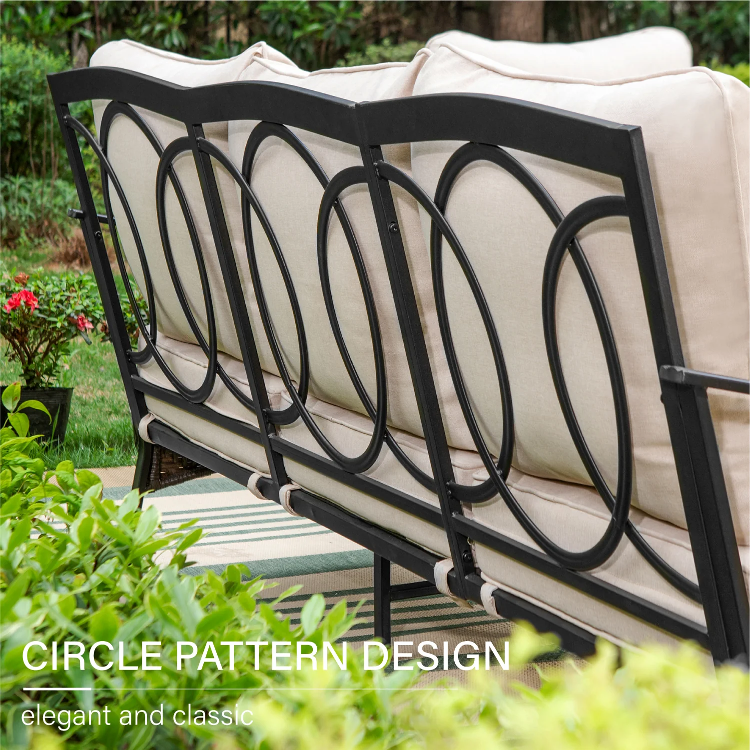 PHI VILLA 7-Seat Steel-Rattan Patio Conversation Sofa Set with Thick Cushions