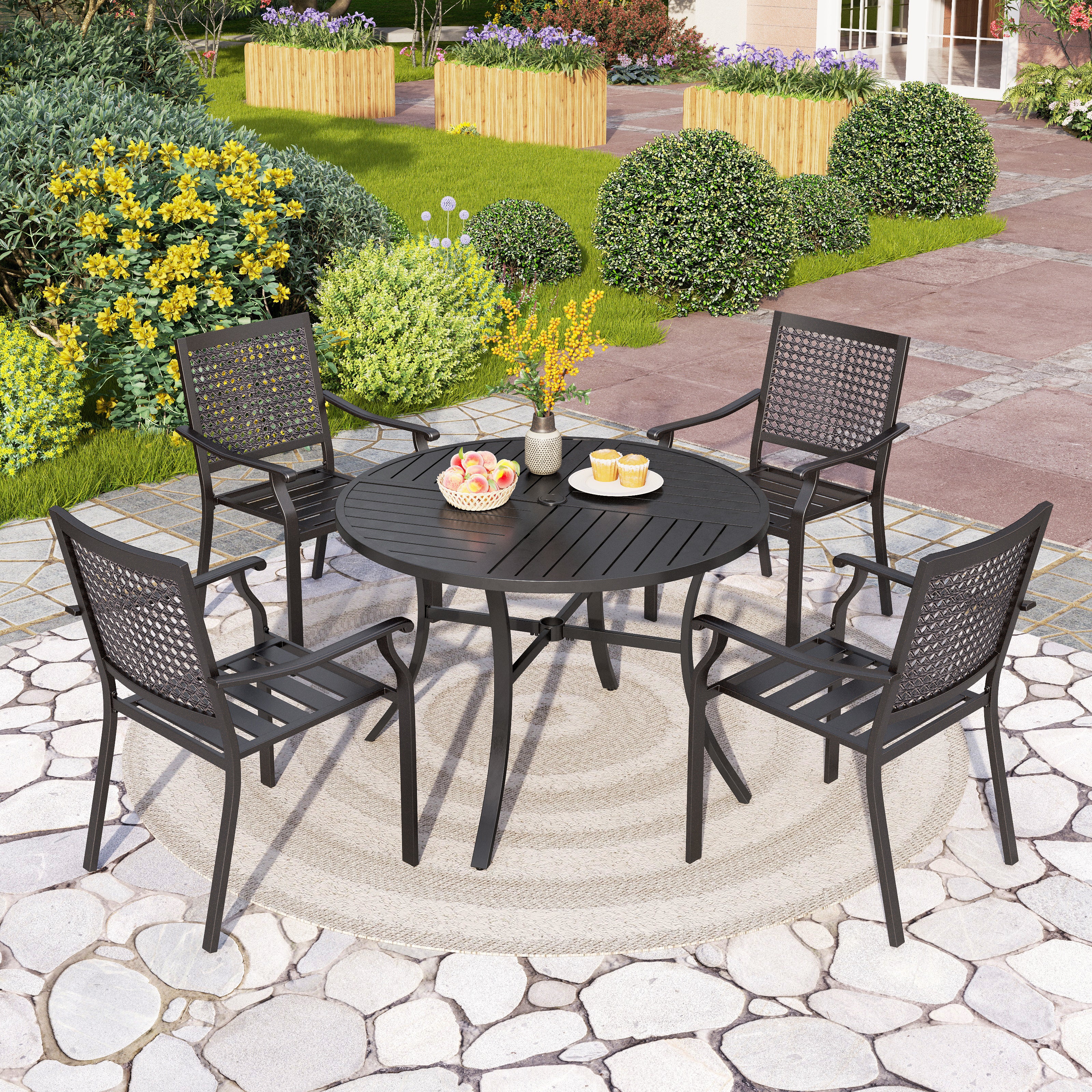 MFSTUDIO 5-Piece Outdoor Dining Set Geometrically Stamped Round Table & Bull's Eye Pattern Dining Chairs
