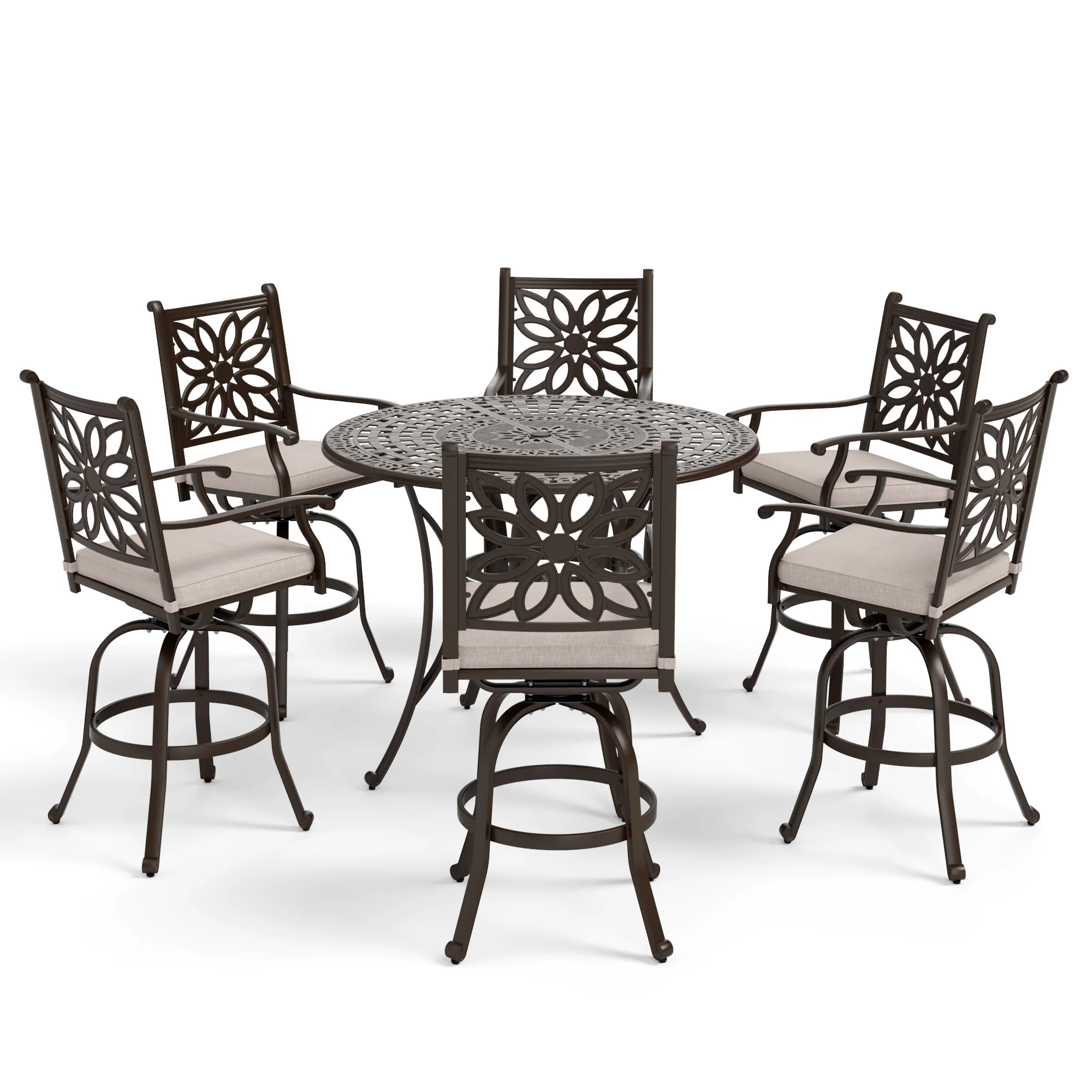 PHI VILLA 7-Piece Classic Cast aluminum Swivel Patio Bar Stool Sets
