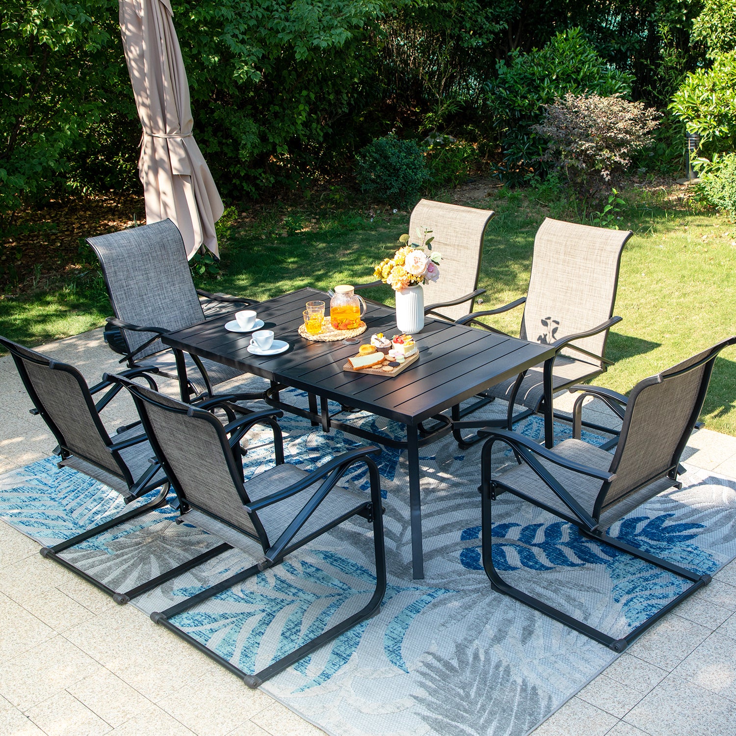 MFSTUDIO C-Spring Textilene Patio Chairs& Steel Panel Table Outdoor Dining Set