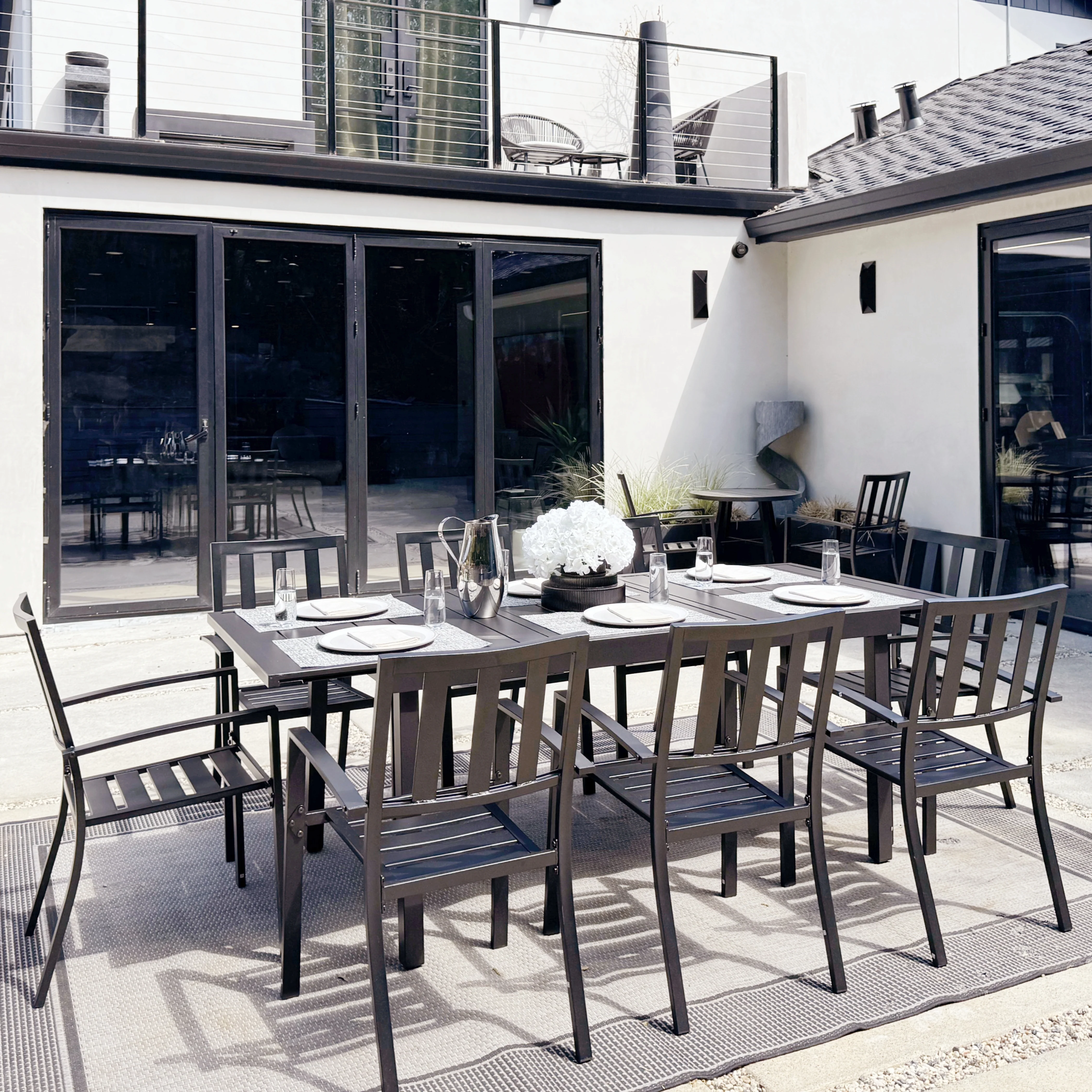 PHI VILLA Adjustable Steel Table and Stackable Chairs Metal Outdoor Patio Dining Sets