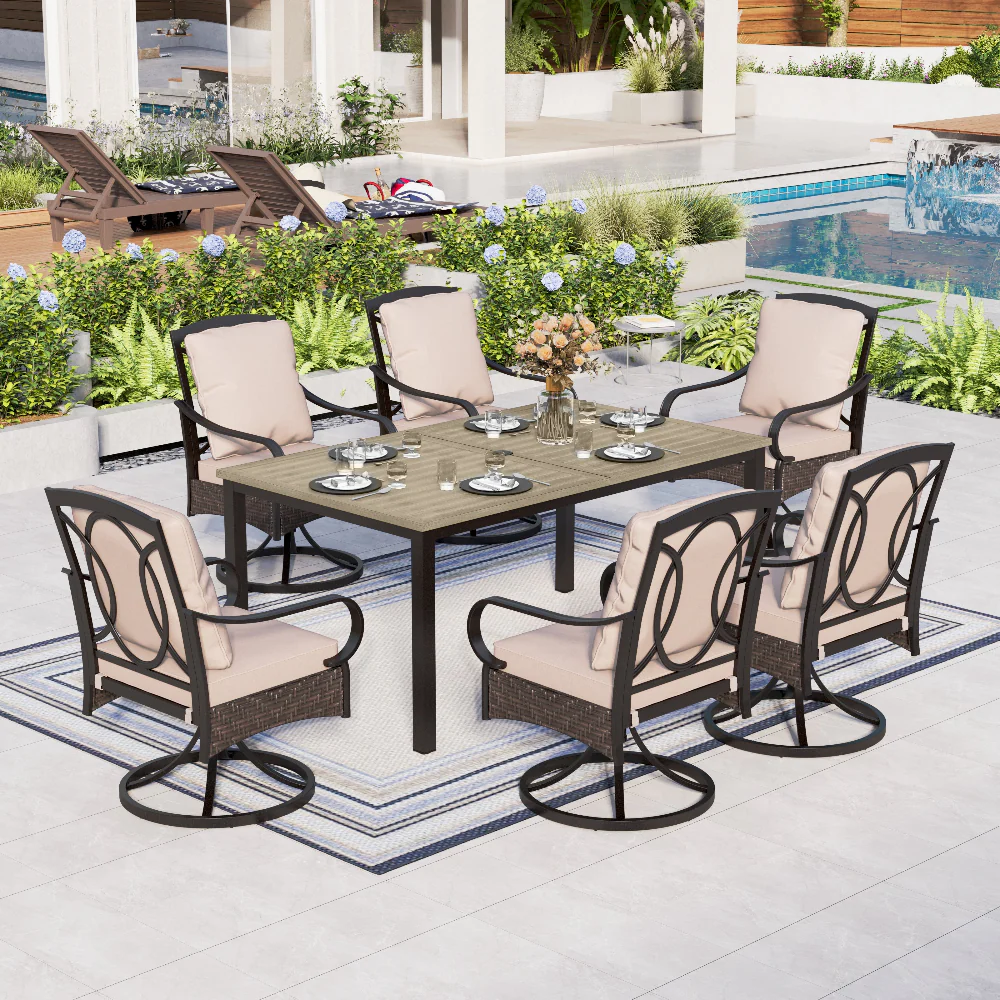 Sophia & William 7-Piece Farmhouse Style Wood Grain Table & Rattan-steel Cushion Swivel Chairs Patio Dining Set