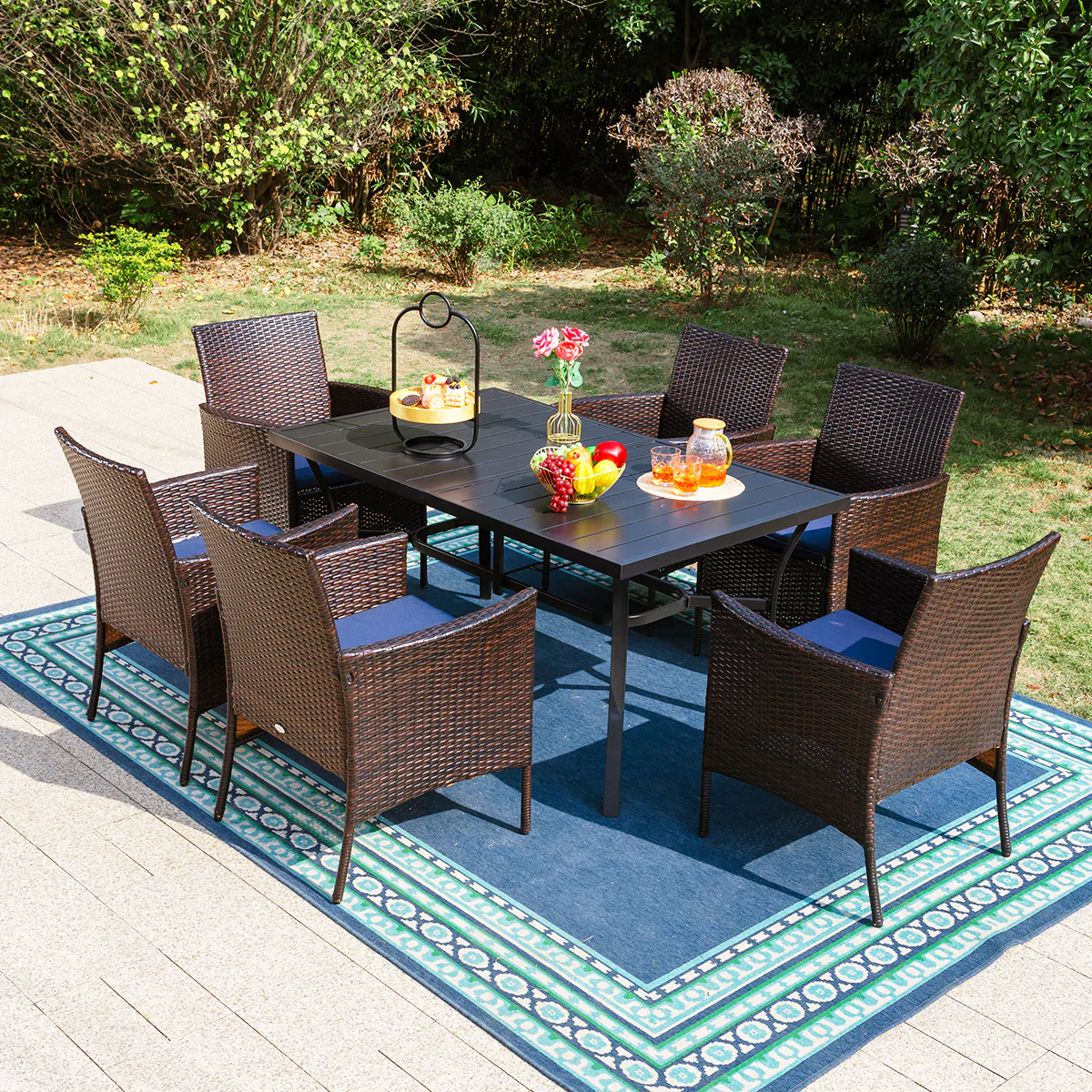 PHI VILLA 7-Piece Rattan Steel Cushioned Patio Chairs & Steel Panel Table Outdoor Dining Set