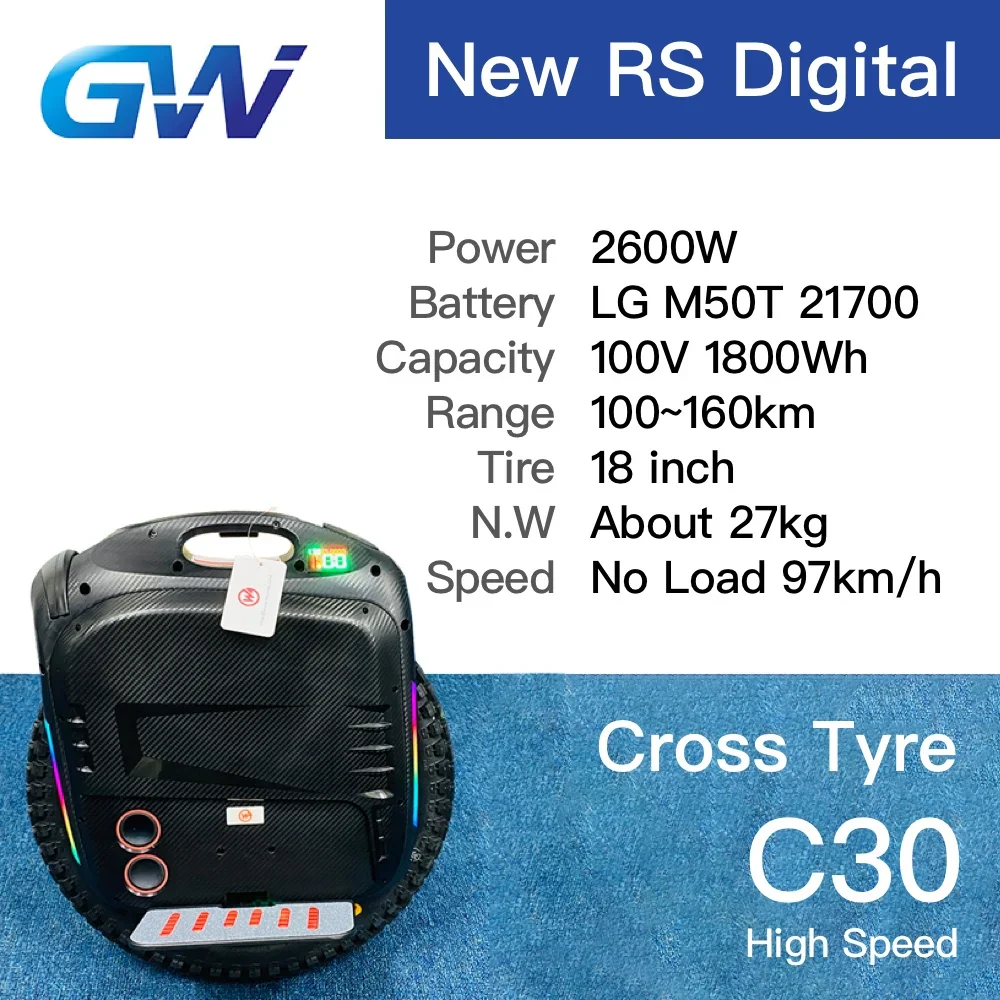 Free EU VAT Begode RS C30 C38 Electric Unicycle 2600W 100V 1800Wh Gotway High Speed High Torque Digital Display Monowheel GW