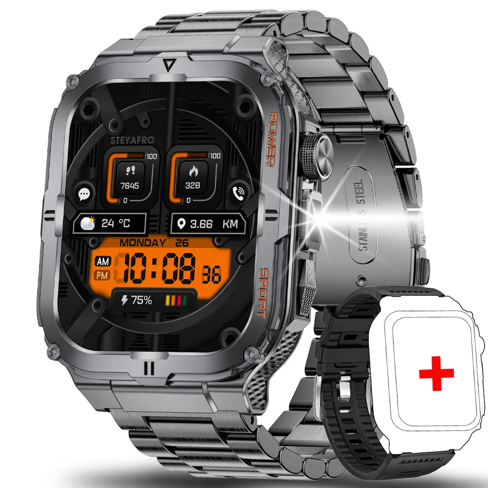 2024 New rugged Military Fitness smartwatch for Men Android IOS IP68 Waterproof Sport Ai Voice Call LED Flashlight Smartwatch
