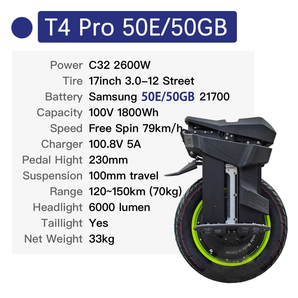 Begode T4 PRO Electric Unicycle 100.8V 1800Wh 50E 50S Battery 2600W Motor 12inch Street Tire High Torque Green Hub Motherboard