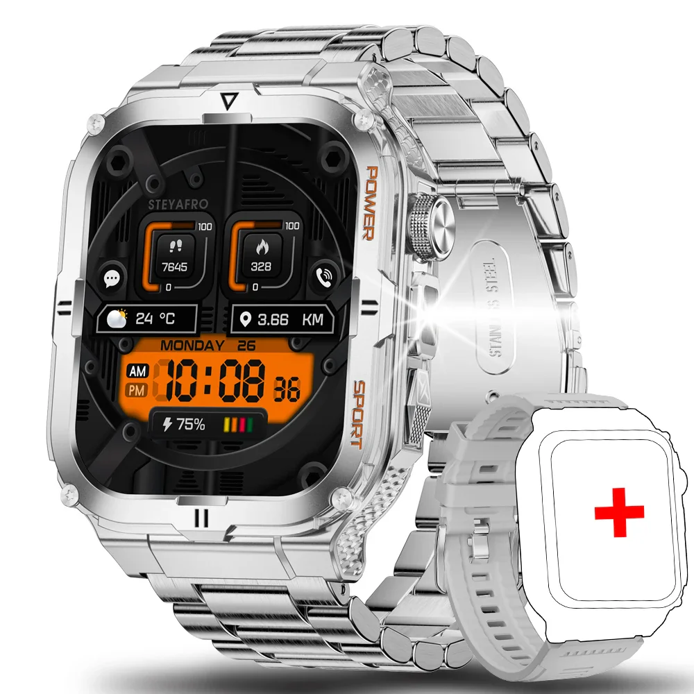 2024 New rugged Military Fitness smartwatch for Men Android IOS IP68 Waterproof Sport Ai Voice Call LED Flashlight Smartwatch