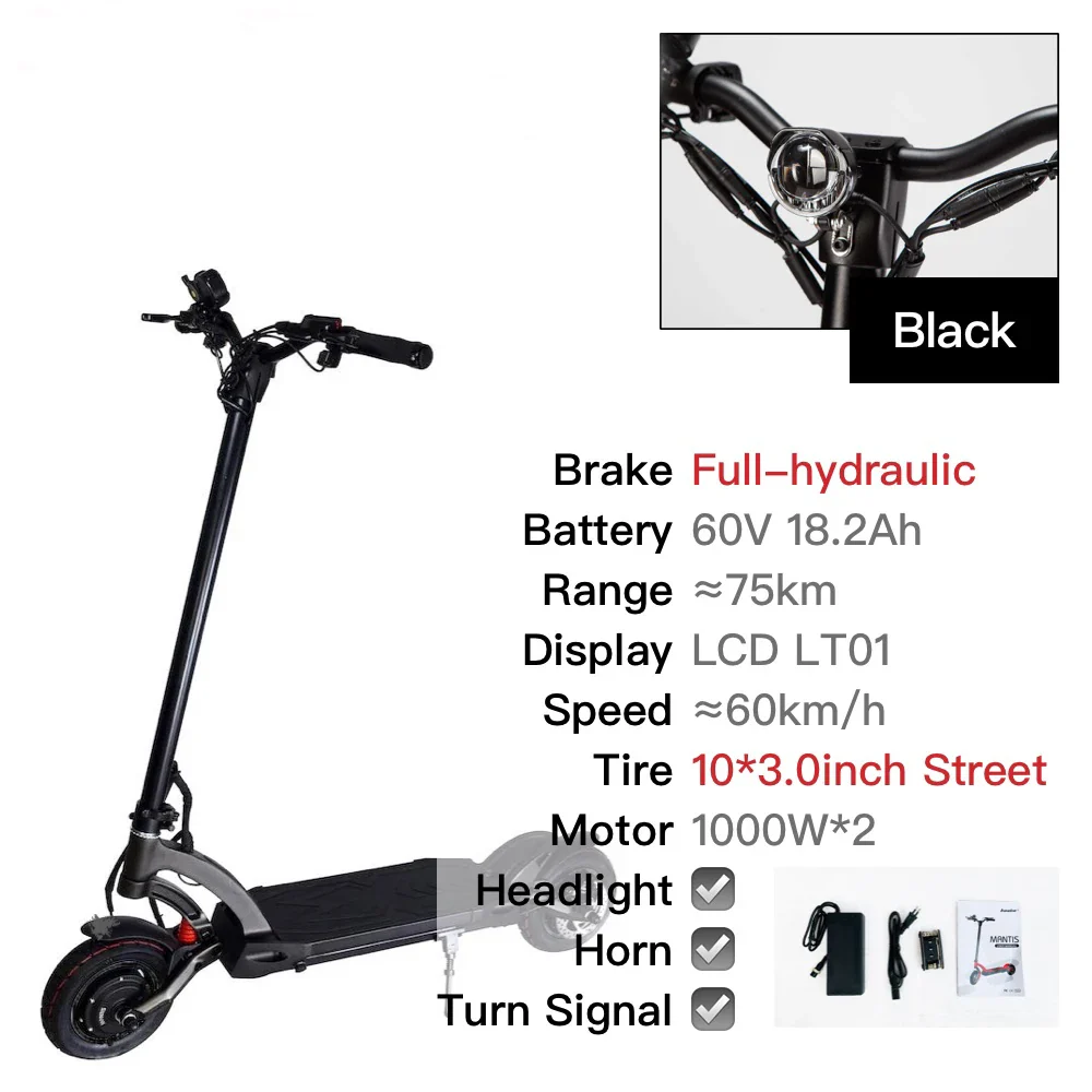 IN Stock KAABO Mantis 10 1000W*2 60V 18.2Ah Headlight Horn Turn Signal LCD Display 3.0inch Tires Widen Fender Electric Scooter