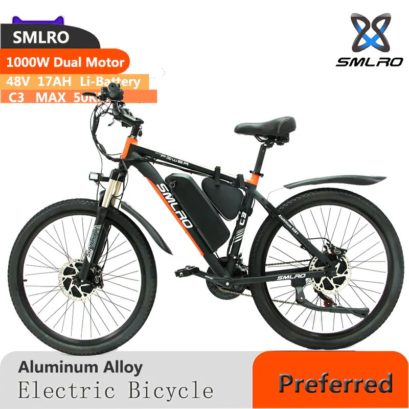 Dual Drive 1000W Mountain Ebike  SMLRO C3 Aluminum Alloy Electric Bicycle with Full Suspension Fork