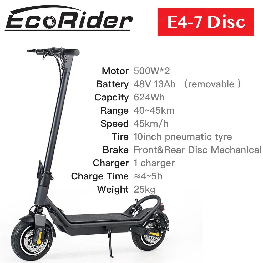 EcoRider E4-7 Electric Scooter 10inch Dual Motor Foldable 1000W Motor 48V 13Ah 45km/h Pneumatic Tyre Skateboard