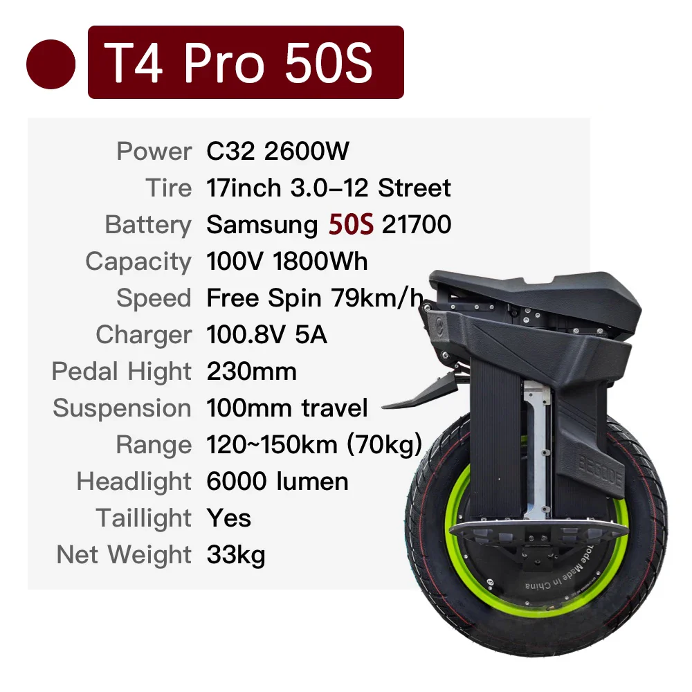Begode T4 PRO Electric Unicycle 100.8V 1800Wh Battery 2600W Motor 12 inch Street Tire High torque Green Hub New Motherboard