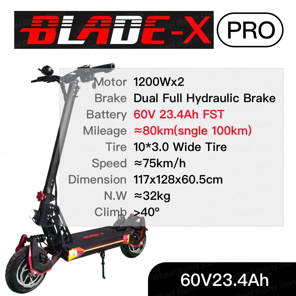 Blade X Electric Scooter 60V Dual Motor 2*1200W Top Speed 75km/h 10*3 inch Wide Tire BladeX E-scooter Blade10 Skateboard 60V