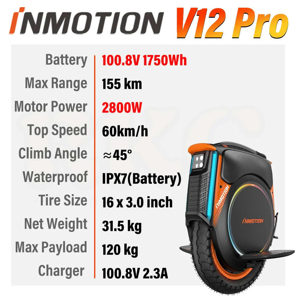 2024 Latest INMOTION V12 PRO 100.8V 1750Wh Battery 2800W Motor Power Max Speed 60 km/h Waterproof IPX7 V12PRO Electric Unicycle