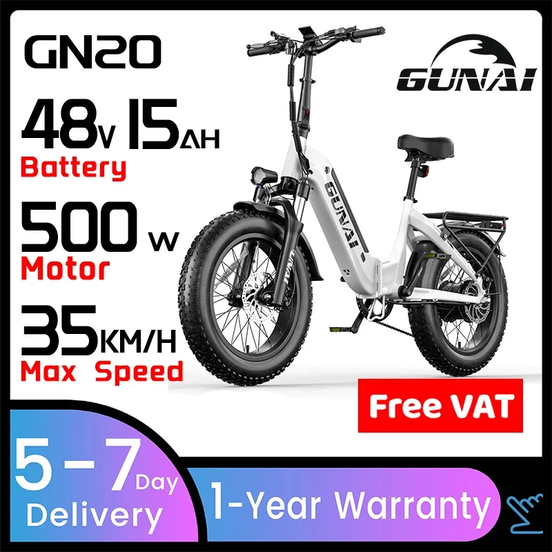 GUNAI GN20 Electric Bicycle 4.0*20inch Fat Tire Foldable Ebike 500W 48V 15Ah Off Road City SnowElectric Bike in Poland Warehouse