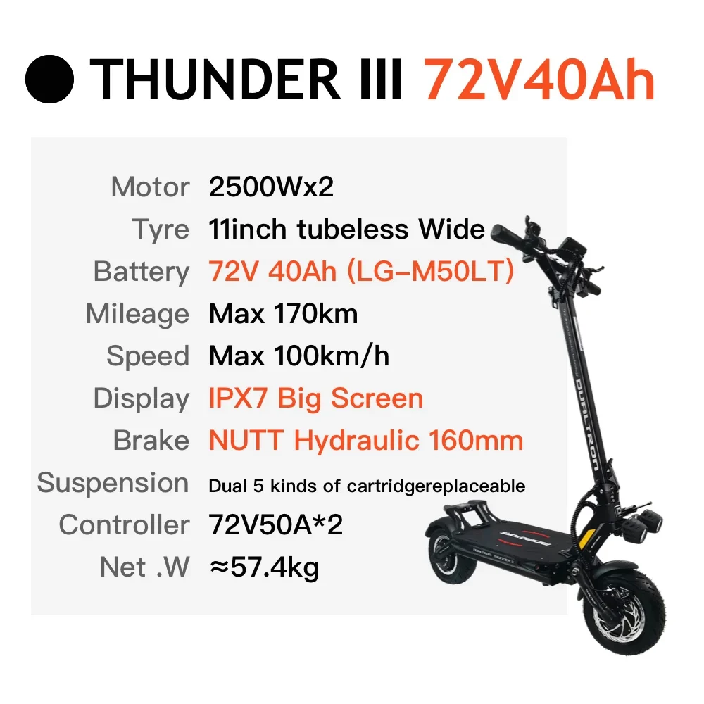 DUALTRON THUNDER 3 Electric Scooter 72V 40AH Skateboard Dual Motor 11inch NUTT Minimotors Latest Upgrade EY4 Display
