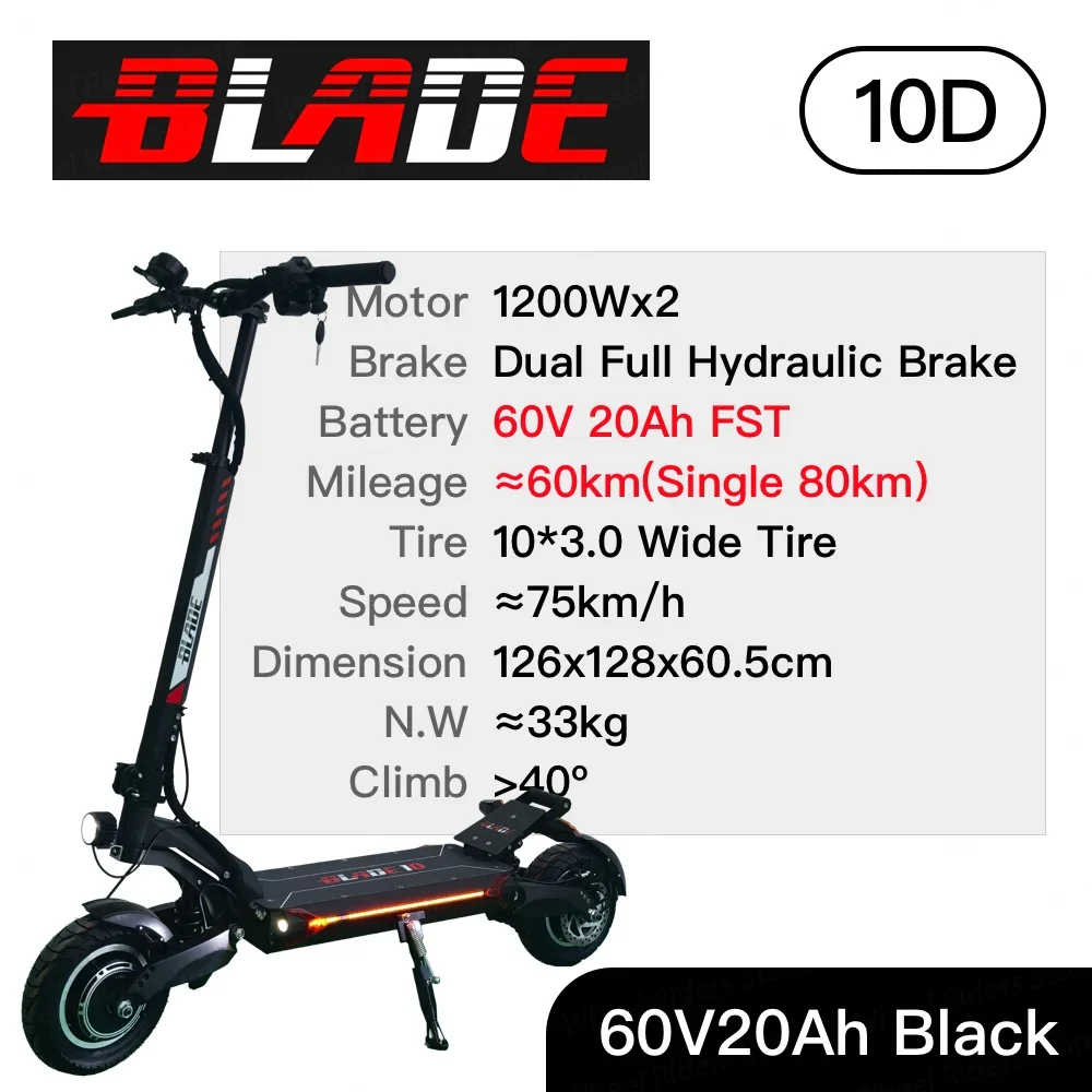 Blade 10 Electric Scooter 60V Dual Motor 2*1200W Top Speed 75km/h 10*3 inch Wide Tire E-scooter Blade10 Skateboard
