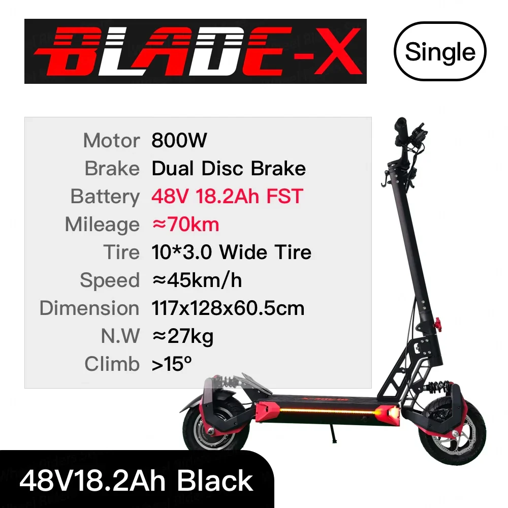 Blade X Electric Scooter 48V Single Motor 800W Top Speed 45km/h 10*3 inch Wide Tire E-scooter BladeX S Skateboard