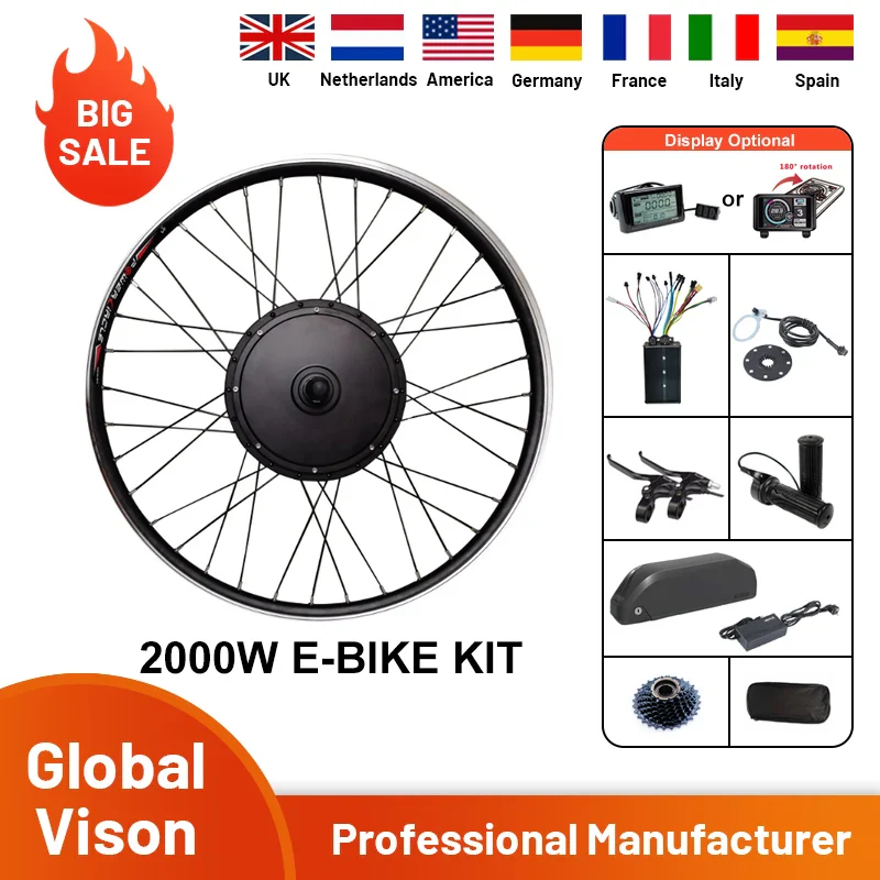 Hub Motor V3 Ebike kits 52V 2000W Waterproof Electric Bike Conversion with 52V 16ah Lithium Battery and Charger