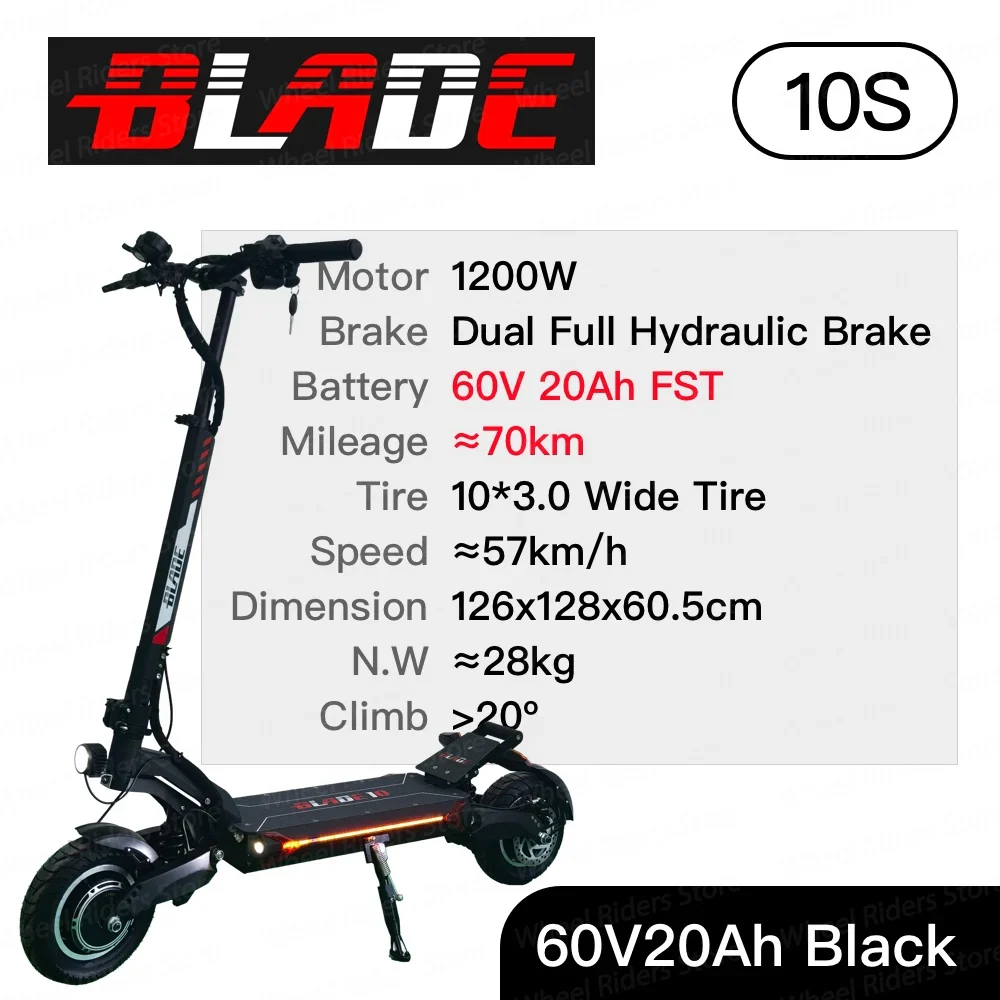 Blade 10S Electric Scooter 60V Single Motor 1200W Top Speed 57km/h 10*3 inch Wide Tire E-scooter Blade10 Single Skateboard