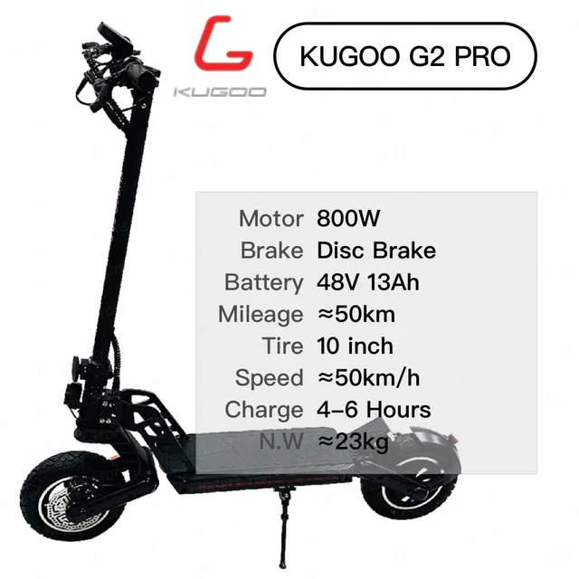 KUGOO G2 PRO Electric Scooter 800W 10" Tires Dual Disc Brake Front and Rear Absorption System Skateboard Adult
