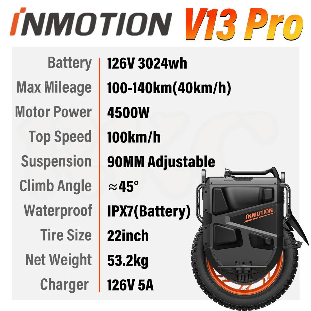 2024 Latest Upgrade INMOTION V13 Pro 126V 3024Wh Battery 4500W Motor Power 22inch Tire WATERPROOF IPX7 V13 Pro Electric Unicycle