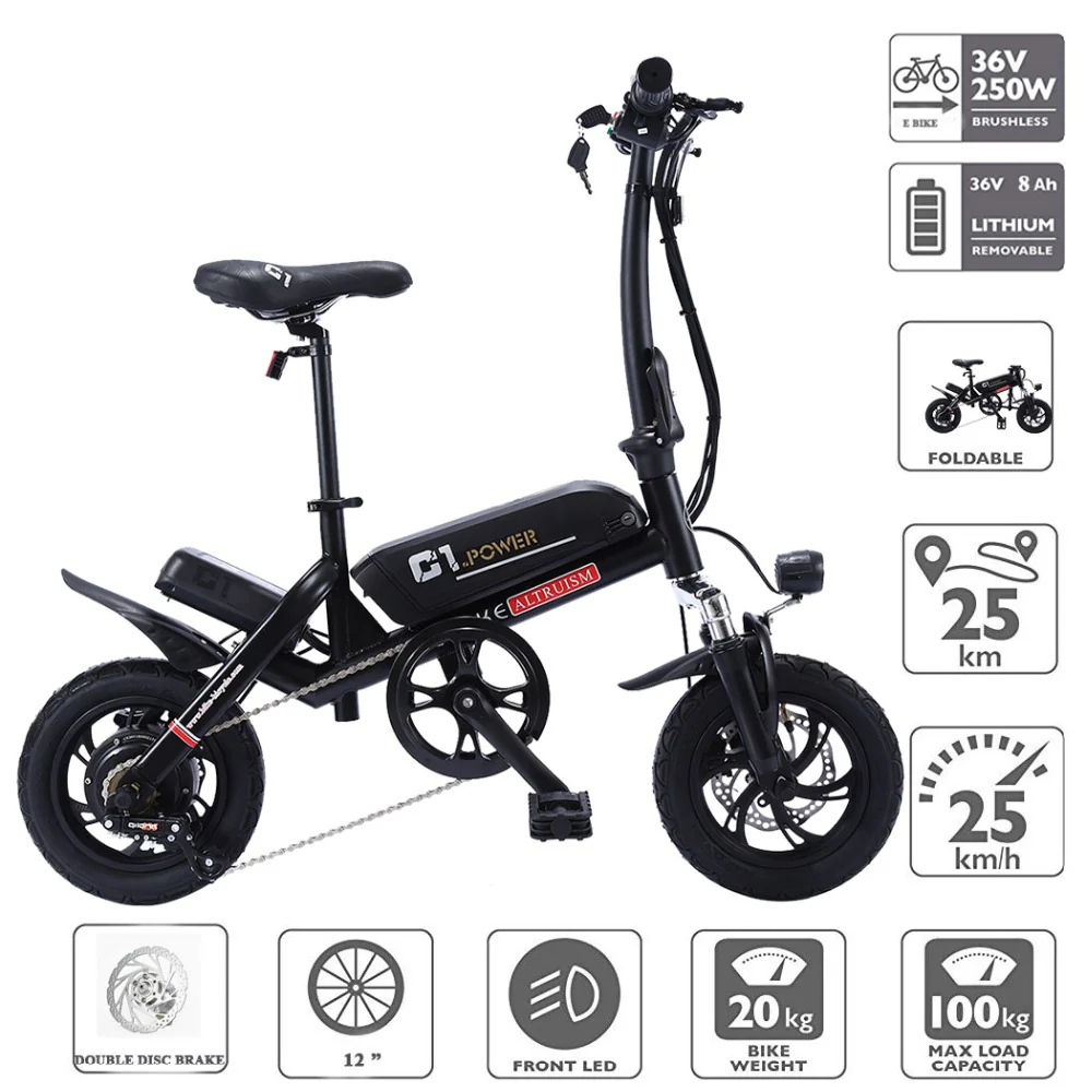 ALTRUISM C1 Smart Folding Electric Bike12inch Mini Electric Bicycle Ebike 36V Lithium Battery Super Mini E Bike 30km Maximum Bat