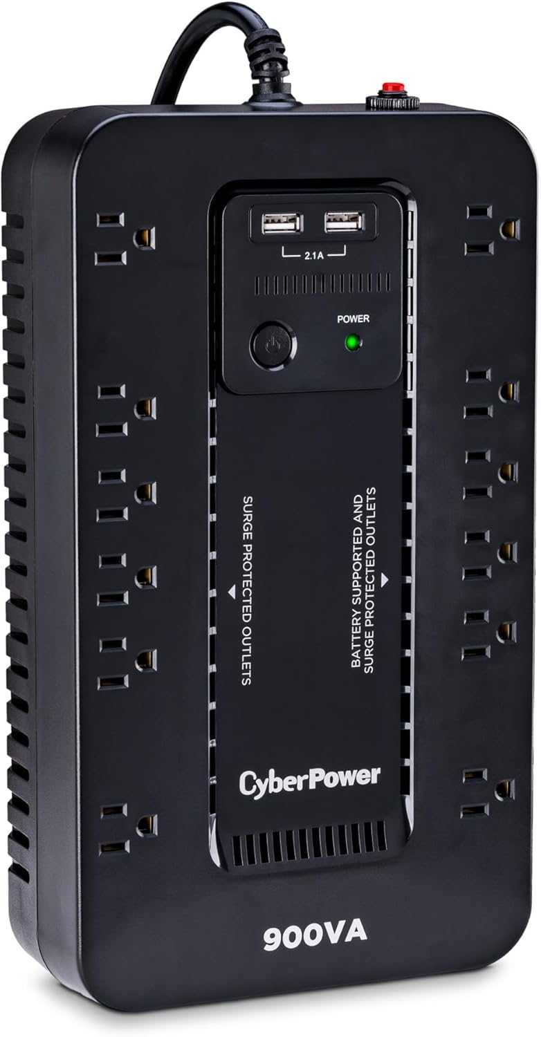 CyberPower ST900U Standby UPS System, 900VA/500W, 12 Outlets, 2 USB Charging Ports, Compact, Black