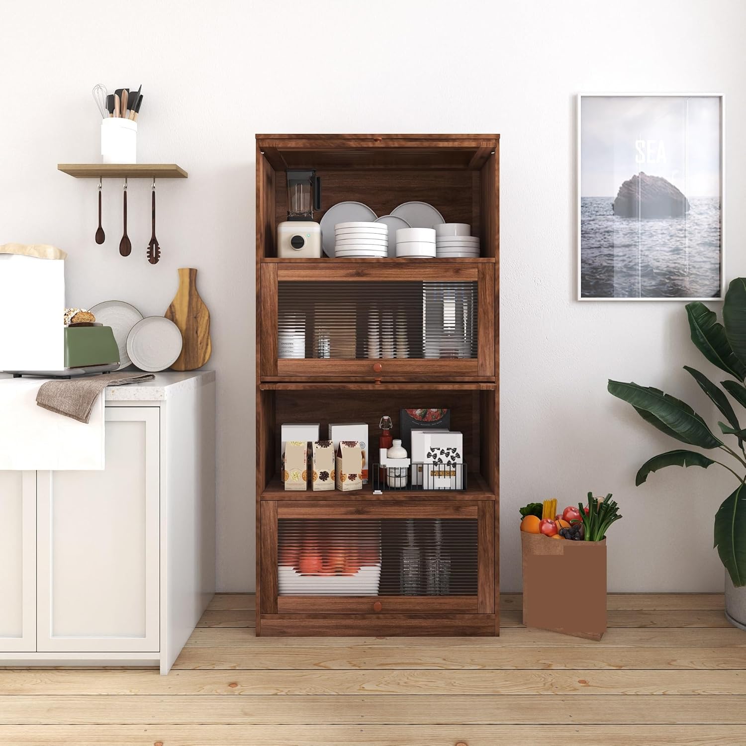 Bookcase Contemporary Closed Back Glass Doors, Office Storage Cabinet, Floor-to-Ceiling, Against Wall Dustproof Bookshelf,for Kitchen Home