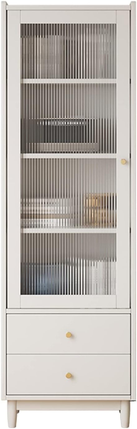 KIRANDY Solid Wood Bookcase with Glass Door, Simple Modern Storage Cabinet, Living Room Display Cabinet Floor-to-Ceiling Bookshelf (55CM Ivory White 4Layers)