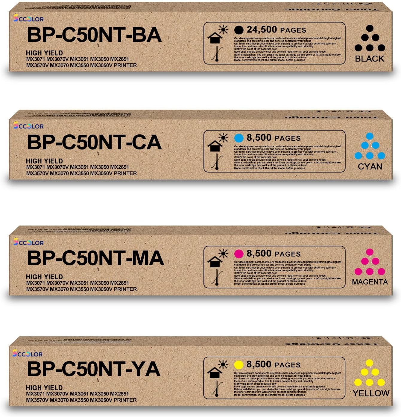 SCCOLOR BPC50NT BP-C50NT Toner Cartridge High Yield Compatible for Sharp BP-C50NT BP-C50NT-BA BP-C50NT-CA BP-C50NT-MA BP-C50NT-YA Toner Replacement for Sharp BP-C535WD BP-C535WR BP-C545PW BP-C545WD
