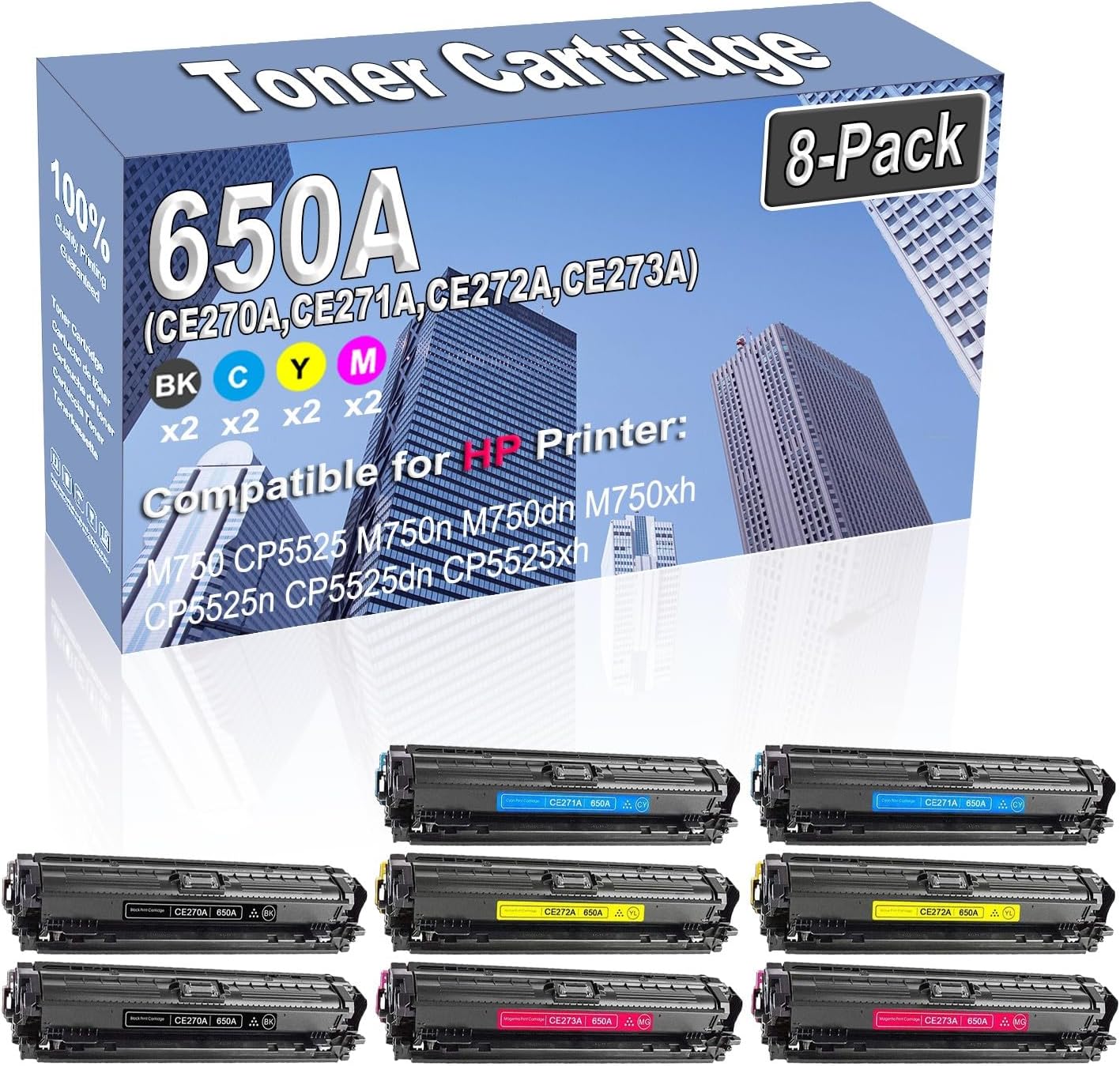 8-Pack (2BK/2C/2Y/2M) Compatible High Capacity 650A (CE270A CE271A CE272A CE273A) Color Toner Cartridge use for HP M750 CP5525 M750n M750dn M750xh CP5525n CP5525dn CP5525xh Printer