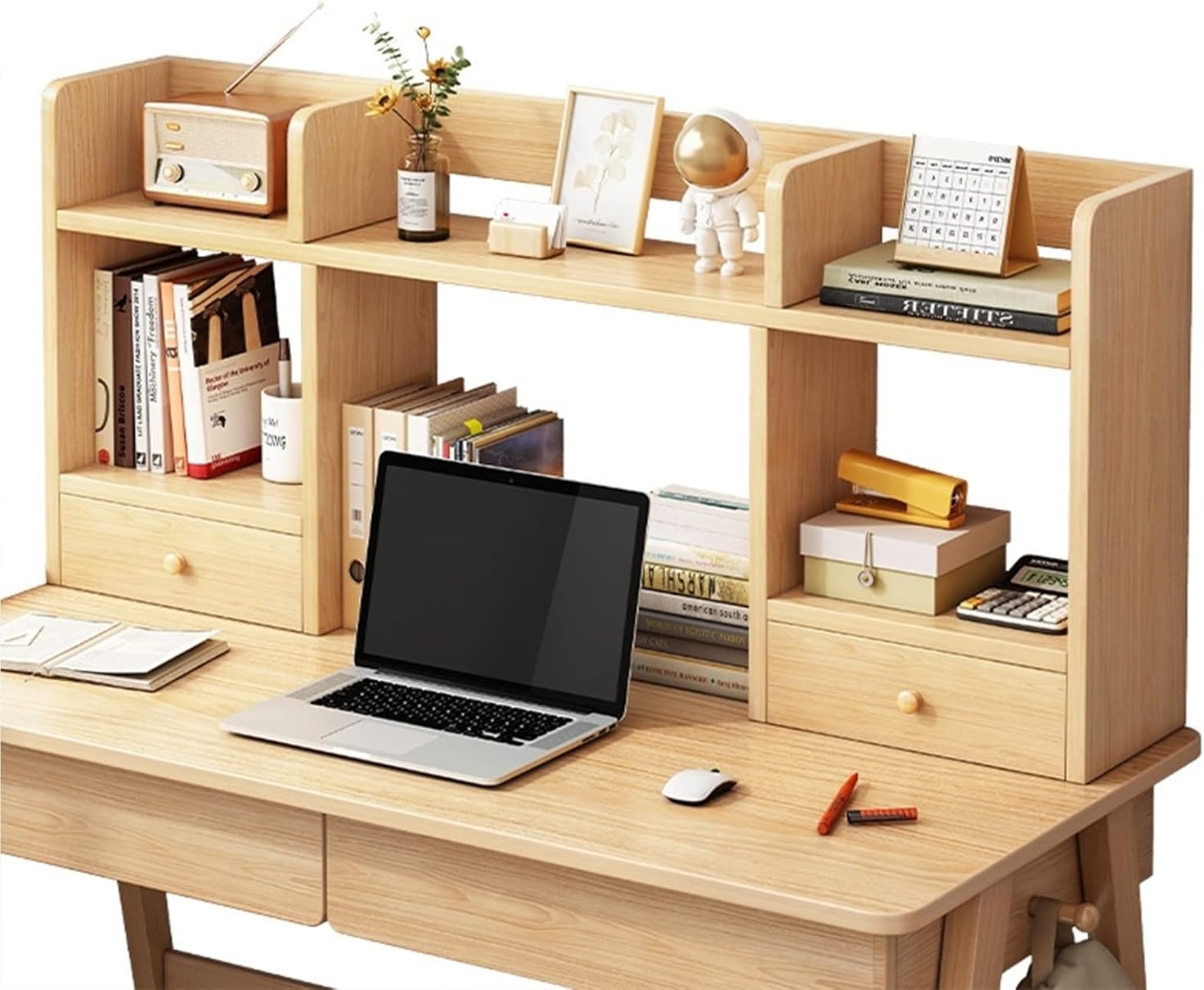 MEETXRTY 2 Layer Wooden Desktop Bookshelf - Desk Organizer with Drawers, Office Open Storage Display Shelves, Computer Desk Desk Bookcase, Large Capacity Storage Rack for Dressing Table