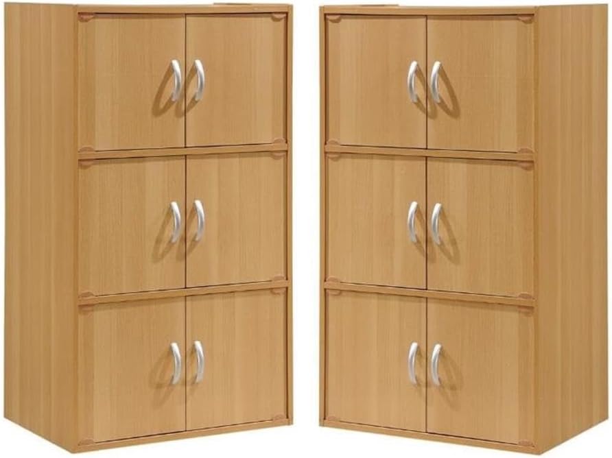 Home Square 3 Shelf 6 Door Multi-Purpose Wooden Bookcase Set in Beige (Set of 2)