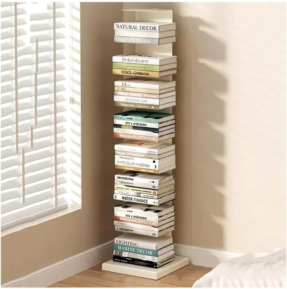 zktoermn Metal Spine Book Tower, 6/8-Tier Bookshelf Space-Saving Bookcase Display Shelf Stand for Books Photos Artwork, Pot Plant, Storage Holder Rack (Color : White, Size : 33.5x33.x141cm)