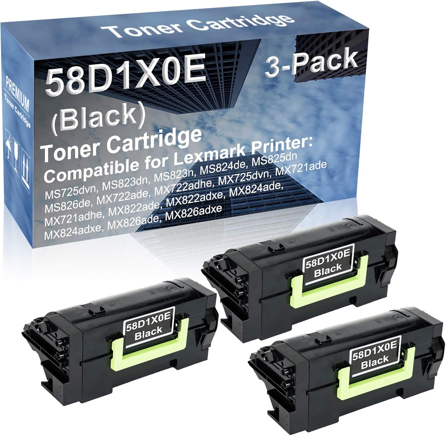3-Pack Compatible High Capacity 58D1X0E Printer Cartridge use for MX722ade, MX722adhe, MX725dvn, MX721ade, MX721adhe, MX822ade Printer (Black)