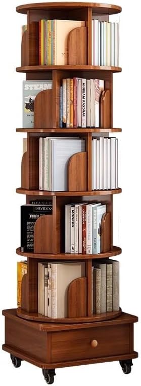AJLDN Rotating Bookshelf Tower, Spinning Bookcase with 5 Tiers and Drawer, Large Capacity Corner Bookshelves and Bookcases for Small Space, Floor Standing Narrow Organizer for Bedroom Living Room,A