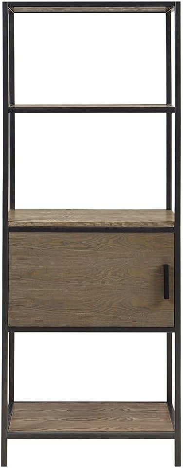 CNJHGL2 3 Tier Bookshelf with 1 Door, Narrow Bookcase with Shelves, Wood and Metal Book Shelf Storage Organizer, Industrial Display Standing Shelf Unit for Bedroom, Living Room, Grey