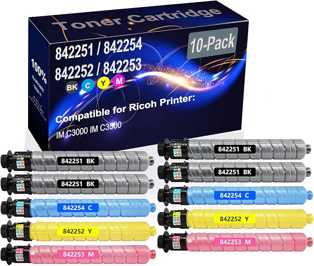 Kolasels 10-Pack (4BK+2C+2Y+2M) Compatible High Yield 842251 842254 842252 842253 Printer Toner Cartridge use for Ricoh IM C3000 IM C3500 Printers