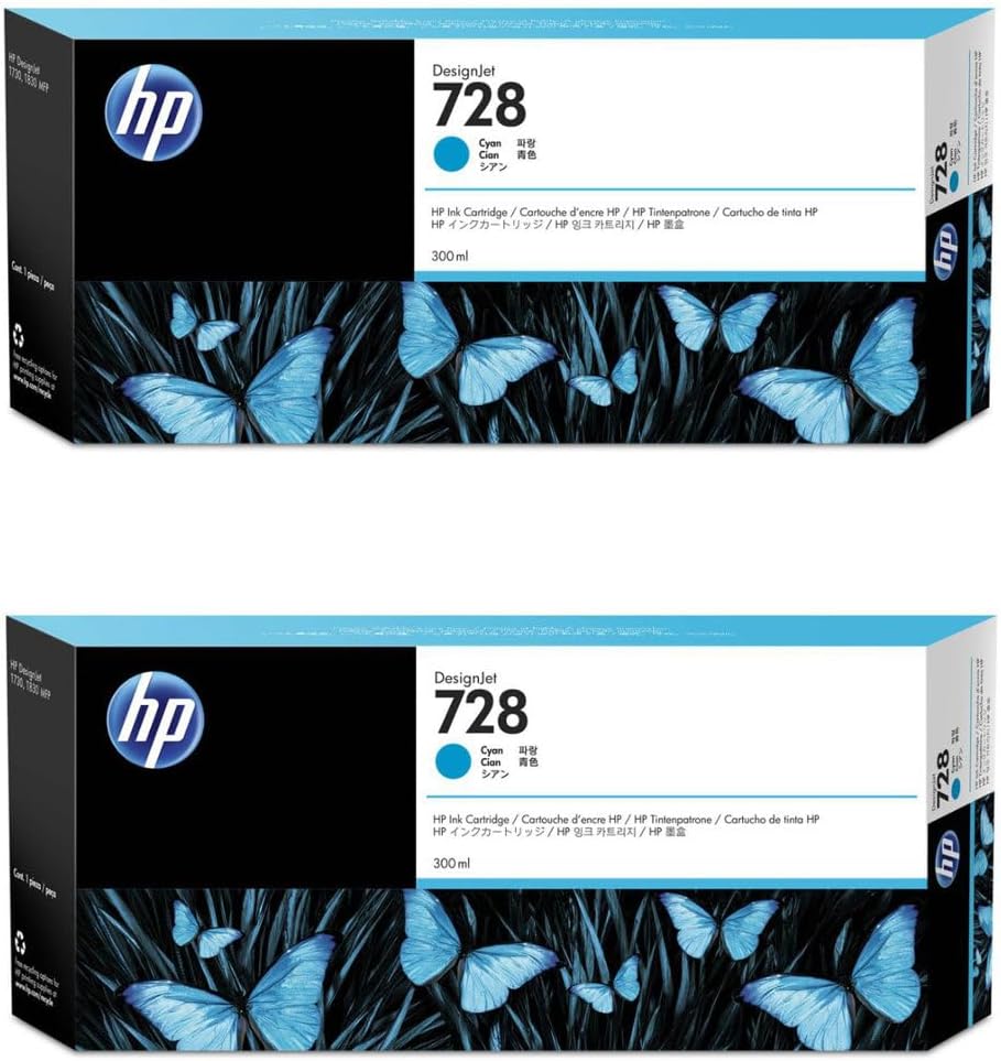 HP 728 300ml Cyan Ink Cartridge for DesignJet T730 and T830 Inkjet Printers, 2 Pack