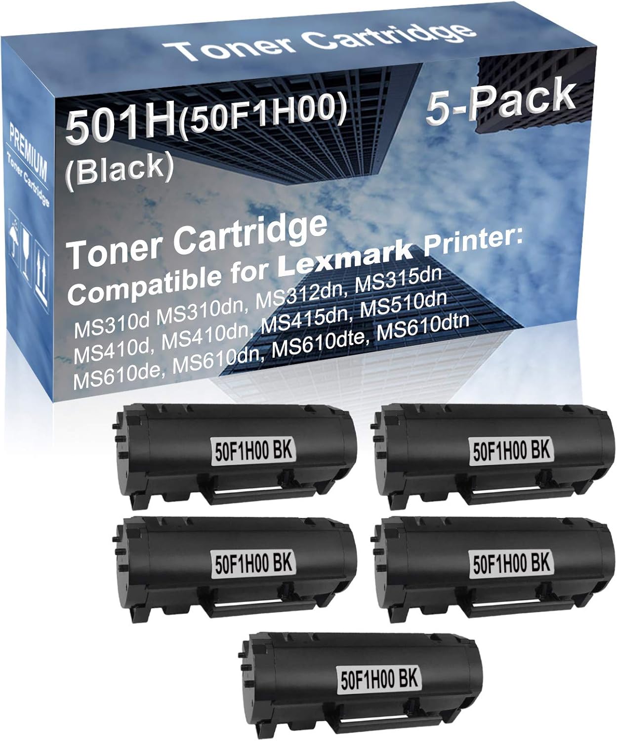 5-Pack Compatible High Capacity MS610de MS610dn MS610dte MS610dtn Printer Toner Cartridge Replacement for 501H 50F1H00 Printer Cartridge (Black)