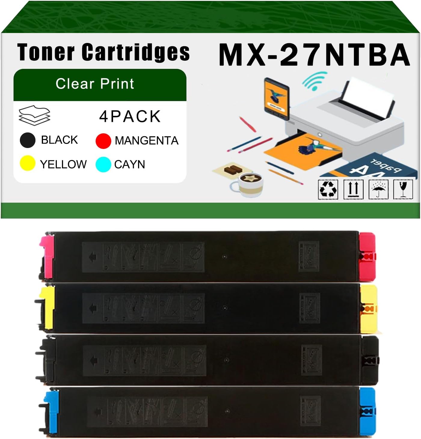 AGNNQ Compatible for Sharp MX-27NTBA MX-27NTCA MX-27NTMA MX-27NTYA Toner Cartridges MX-2300N MX-2700N MX-2700NJ Printers, High Yield 28000 Pages Bright Clear Colors (4-Pack BK/C/M/Y)