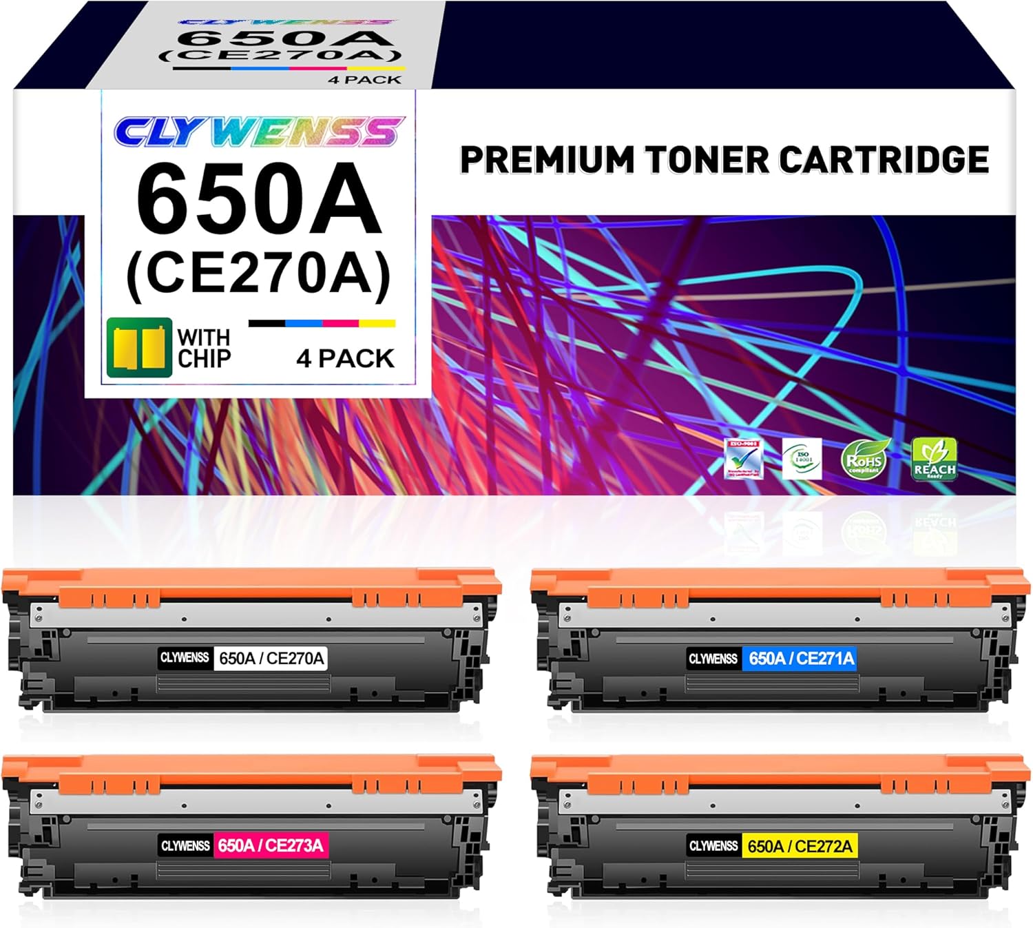 CLYWENSS 650A CE270A CE271A CE272A CE273A Toner Cartridge Replacement for HP 650A to Use with LaserJet Enterprise CP5525 CP5525 CP5525dn CP5525n CP5525xh M750 M750dn M750n M750xh Printer (4-Pack)