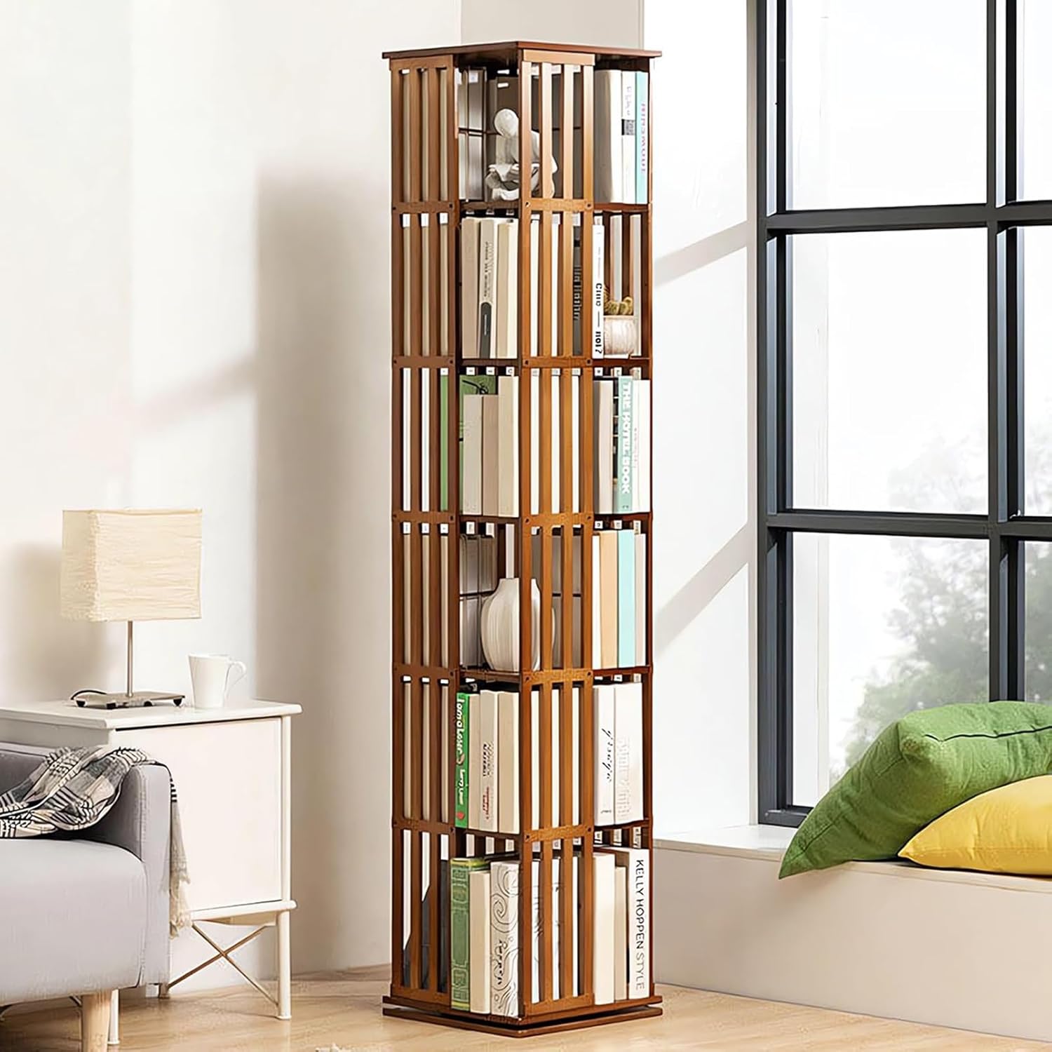 YVYKFZD Rotating Bookshelf, Bamboo Revolving Bookcase, Narrow 360° Display Storage Rack, Floor Standing Corner Book Shelf Organizer, for Small Space, Bedroom, Study Room(Brown,6 Tier 14.5x14.5x70in)