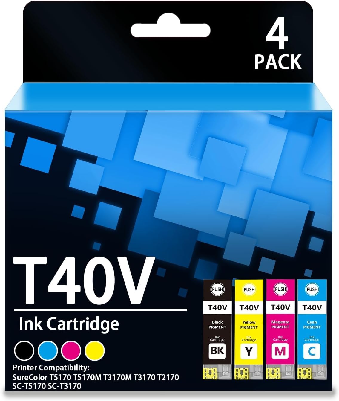 Remanufactured T40V Ink Cartridges with Chip High Capacity for T40W Ink SureColor T5170 T5170M T3170M T3170 T2170 SC-T5170 SC-T3170 Printers Not for Use SC-T3170X (4Packs,Black,Cyan,Magenta,Yellow)