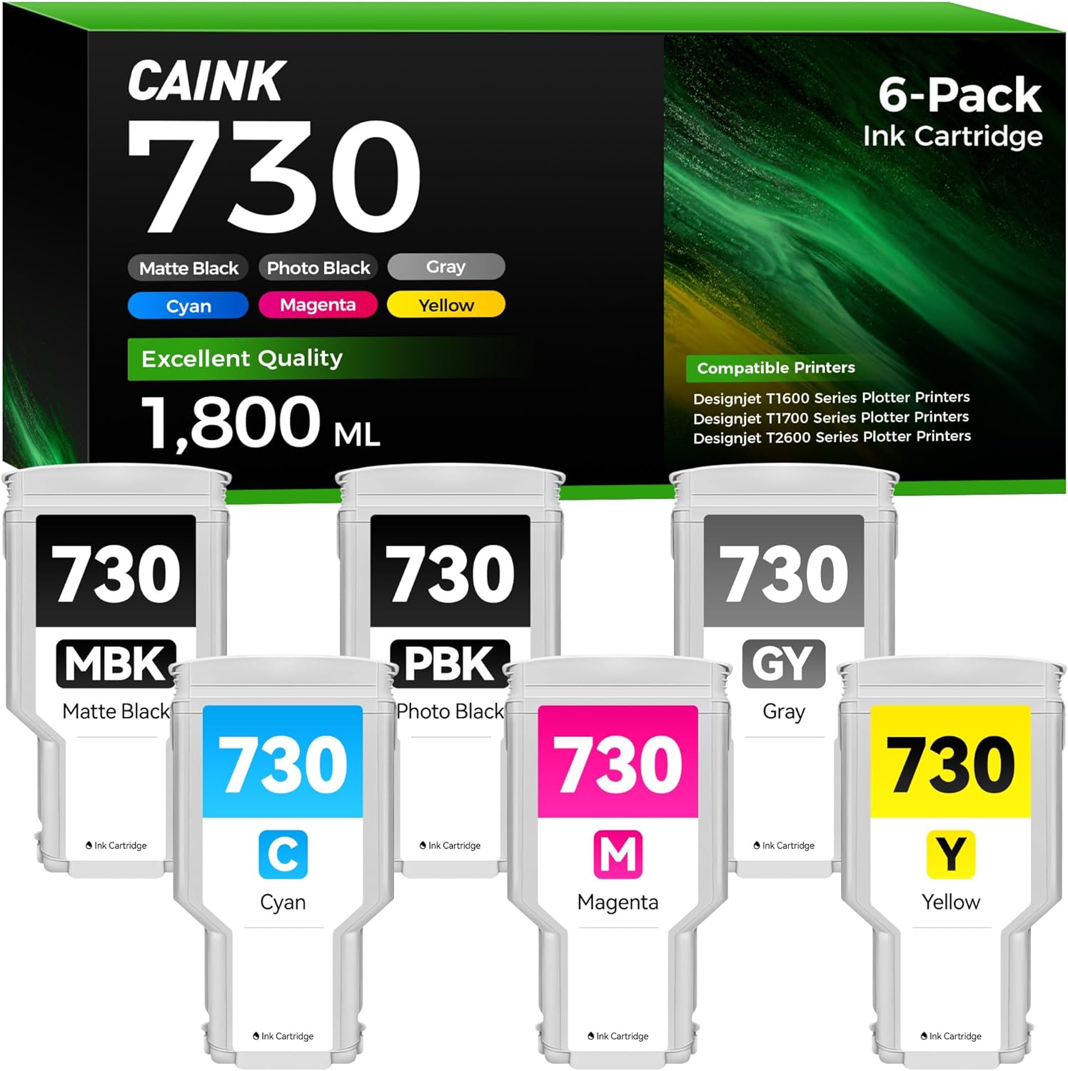 730 Ink Cartridge 300-ml Kit 6-Pack High Capacity P2V68A P2V69A P2V70A P2V71A P2V72A P2V73A Replacement for HP 730 730XL Ink Cartridge Compatible for DesignJet T1700 T2600 T1600 Series Plotter Printer