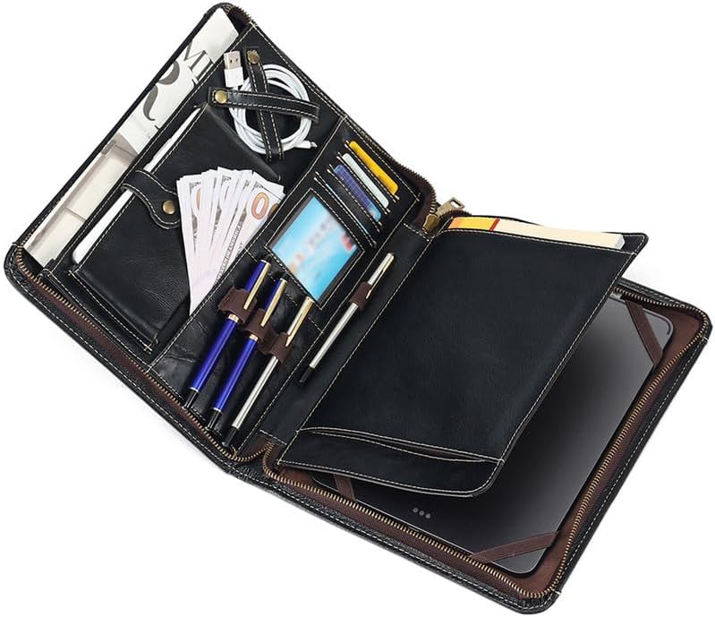 Genuine Leather Portfolio Organizer Padfolio with Zipper for Men Women,Leather Binder Notebook Suitable for 9.8-inch Laptop Legal Pad Padfolio