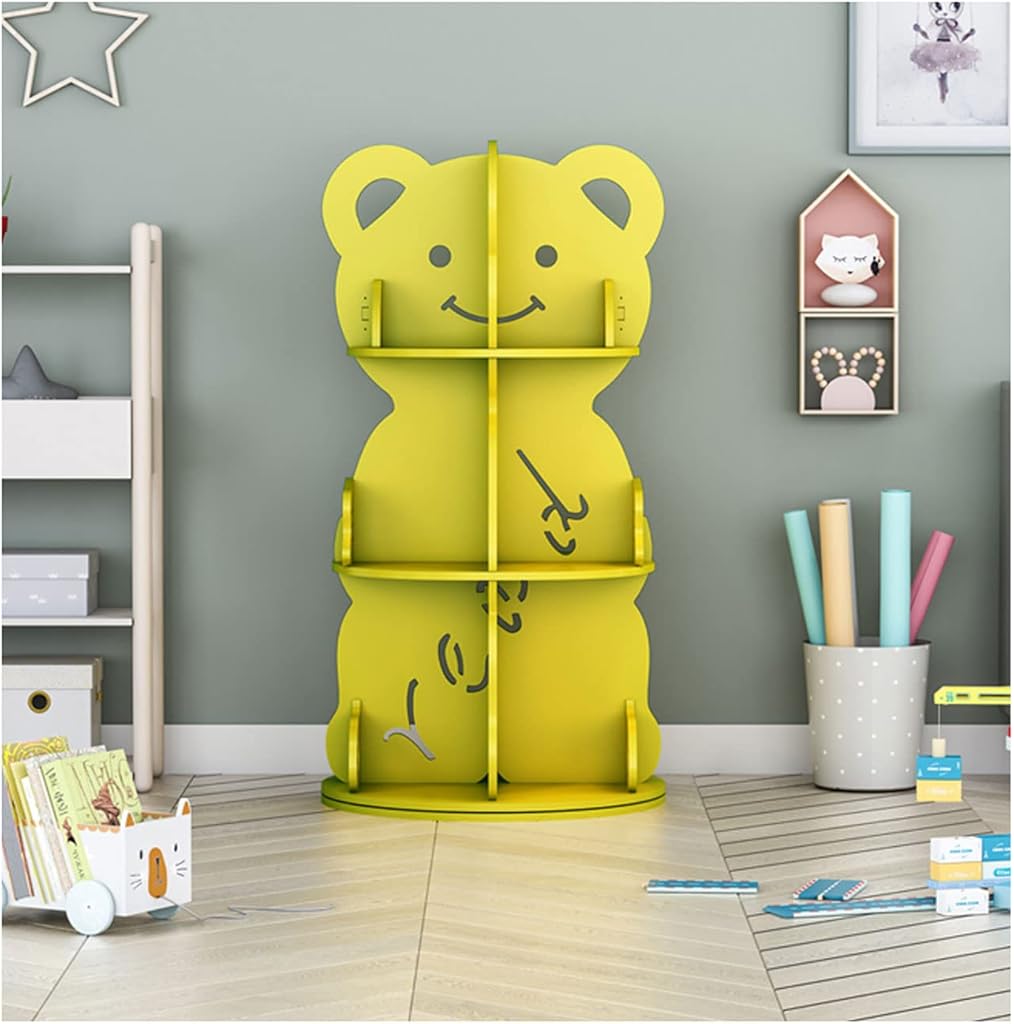SYALEO Rotating Bookshelf 360 Display 3 Tier Floor Standing Cartoon Bookcase Storage Rack Creative Bear Book Shelf Storage Organizer for Bedroom