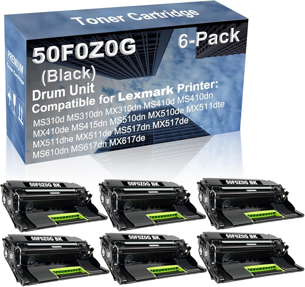 6-Pack (Black) Compatible MS415dn MS510dn MX510de MX511dte MX511dhe MX511de Printer Drum Unit Replacement for Lexmark 50F0Z0G Drum Kit