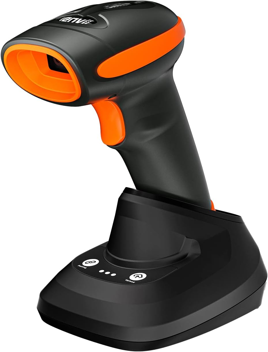 LENVII CW999 Wireless 2D Barcode Scanner Handheld QR Code Scanner USB Wired 1D Barcode Reader 2 in 1 with Charging Base use for Store,Supermarket (Orange)