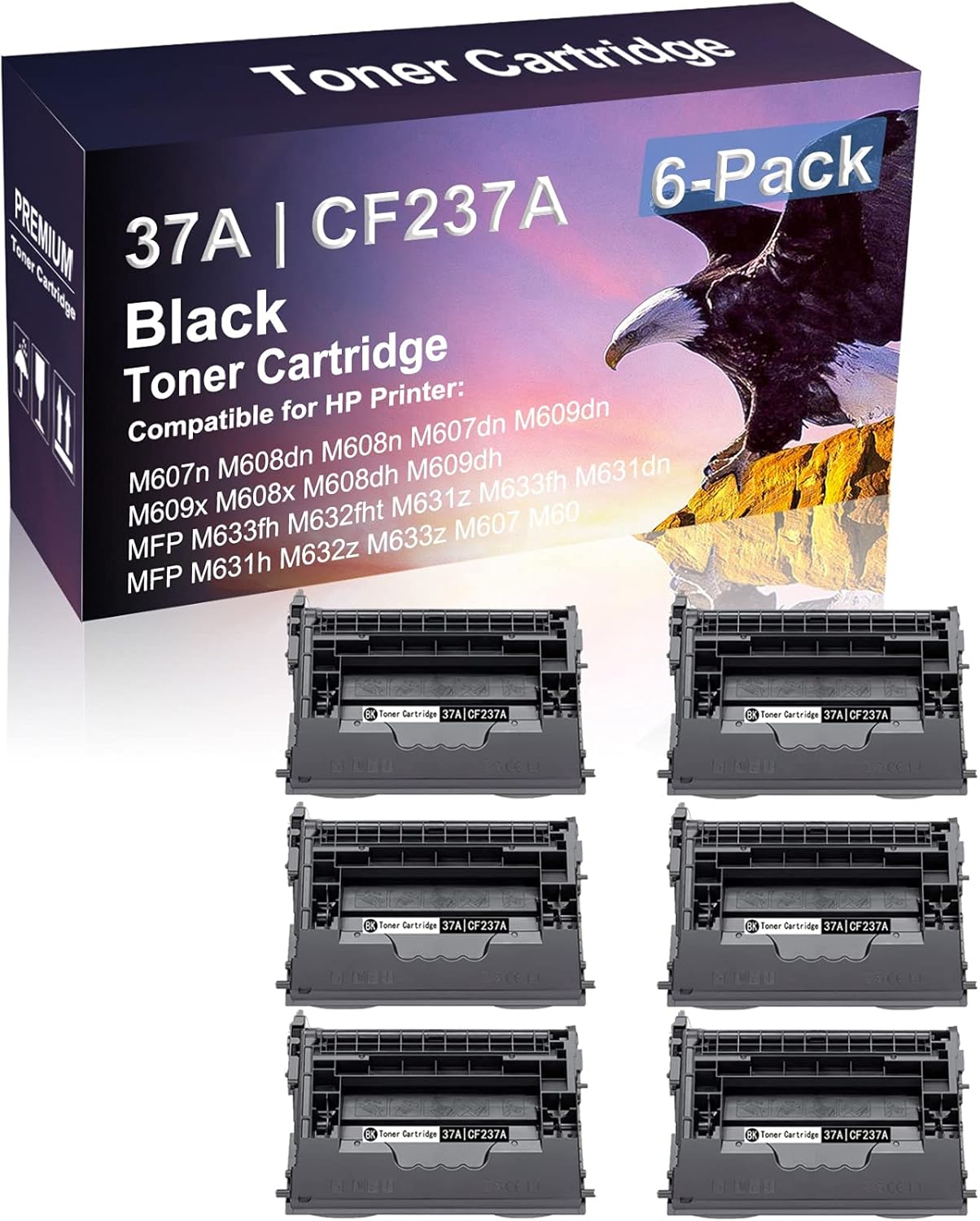6 Pack Compatible MFP M633fh M632fht M631z M633fh M631dn Laser Toner Cartridge (High Capacity, Black) Replacement for HP 37A | CF237A Printer Toner Cartridge